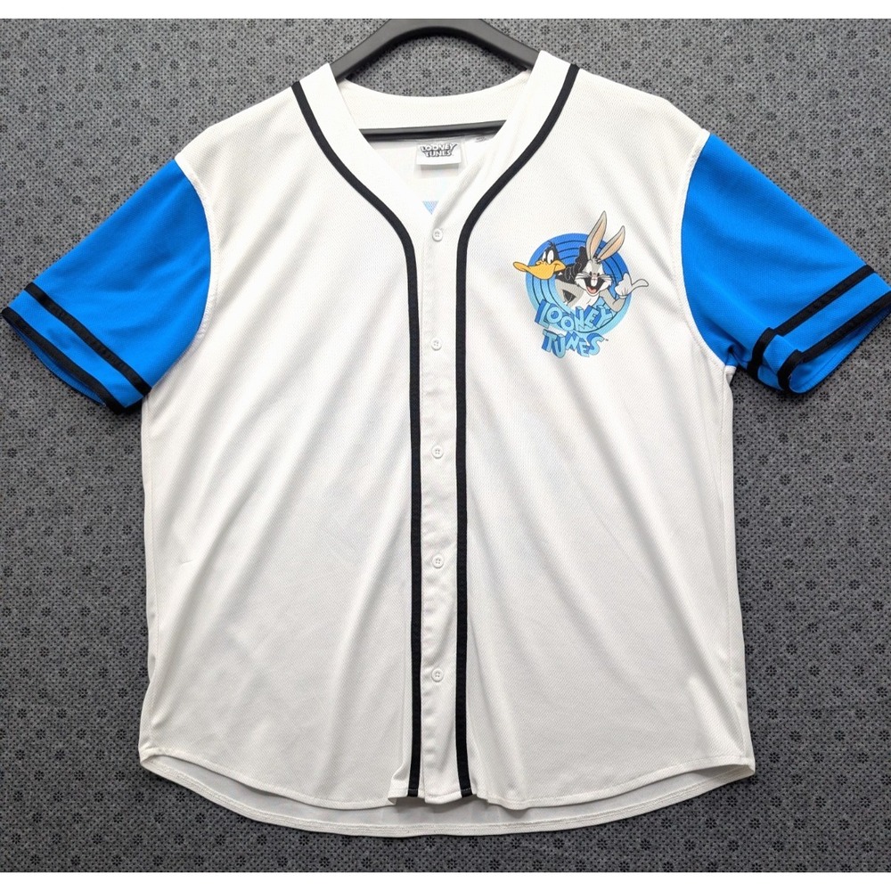 Looney Tunes Baseball Jersey Mens XL Bugs Bunny Daffy Duck Taz White Blue Button